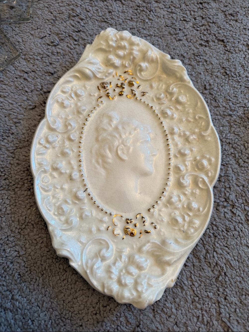 Vintage Fostoria Jenny Lind Ironstone Ornate White Cameo Decorative Vanity Dish